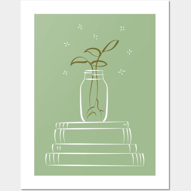 Green propagating plant and books illustration Wall Art by sziszigraphics